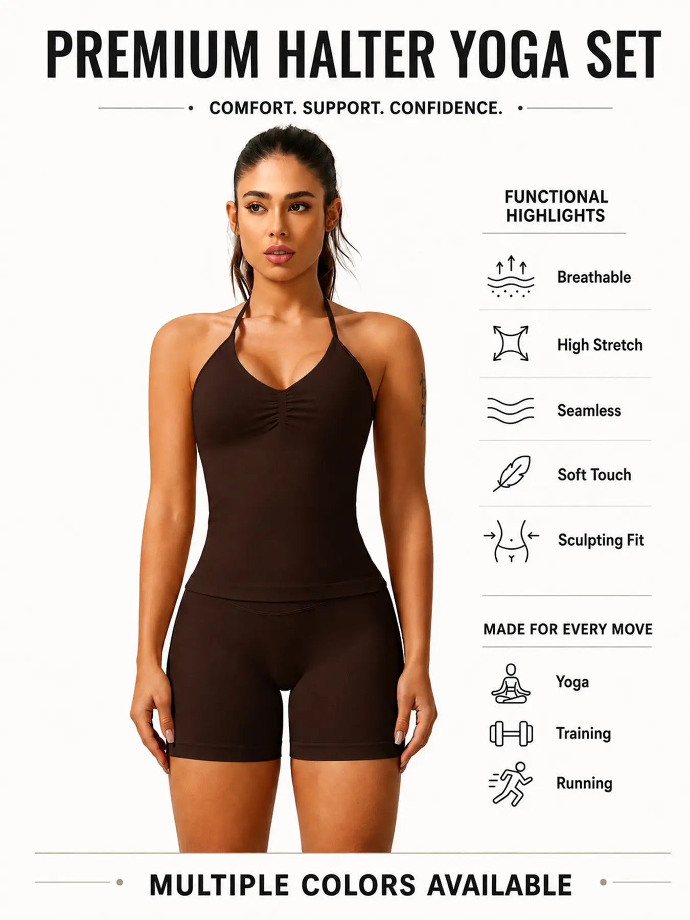 Women'S Solid Ruched Design Backless Halter Top & High Waist Shorts Tracksuit Set, Sporty Breathable Comfortable Two-Piece Outfits for Yoga Gym Workout Running