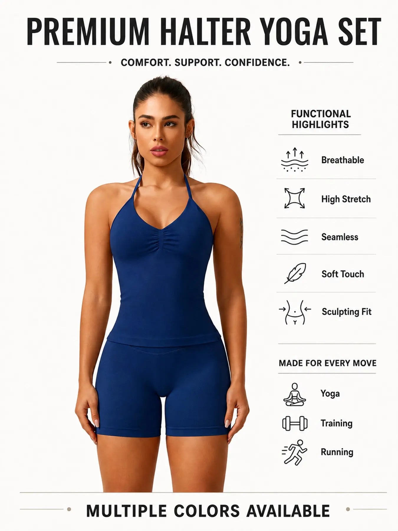 Women'S Solid Ruched Design Backless Halter Top & High Waist Shorts Tracksuit Set, Sporty Breathable Comfortable Two-Piece Outfits for Yoga Gym Workout Running