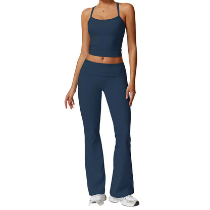 Thewolf Solid-Color Spaghetti-Strap Cross-Back Yoga Tank Top and Casual Athletic High-Waisted Flared Pants Set, Slim-Fit Yoga Athleisure Set