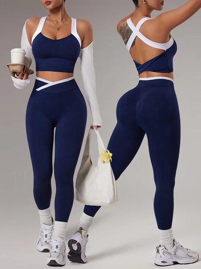 Women'S Yoga Sports Set, Spring Summer Style, Color-Blocked Crossback Vest & Waistband Tight-Fit Pants, Ideal for Fitness Training