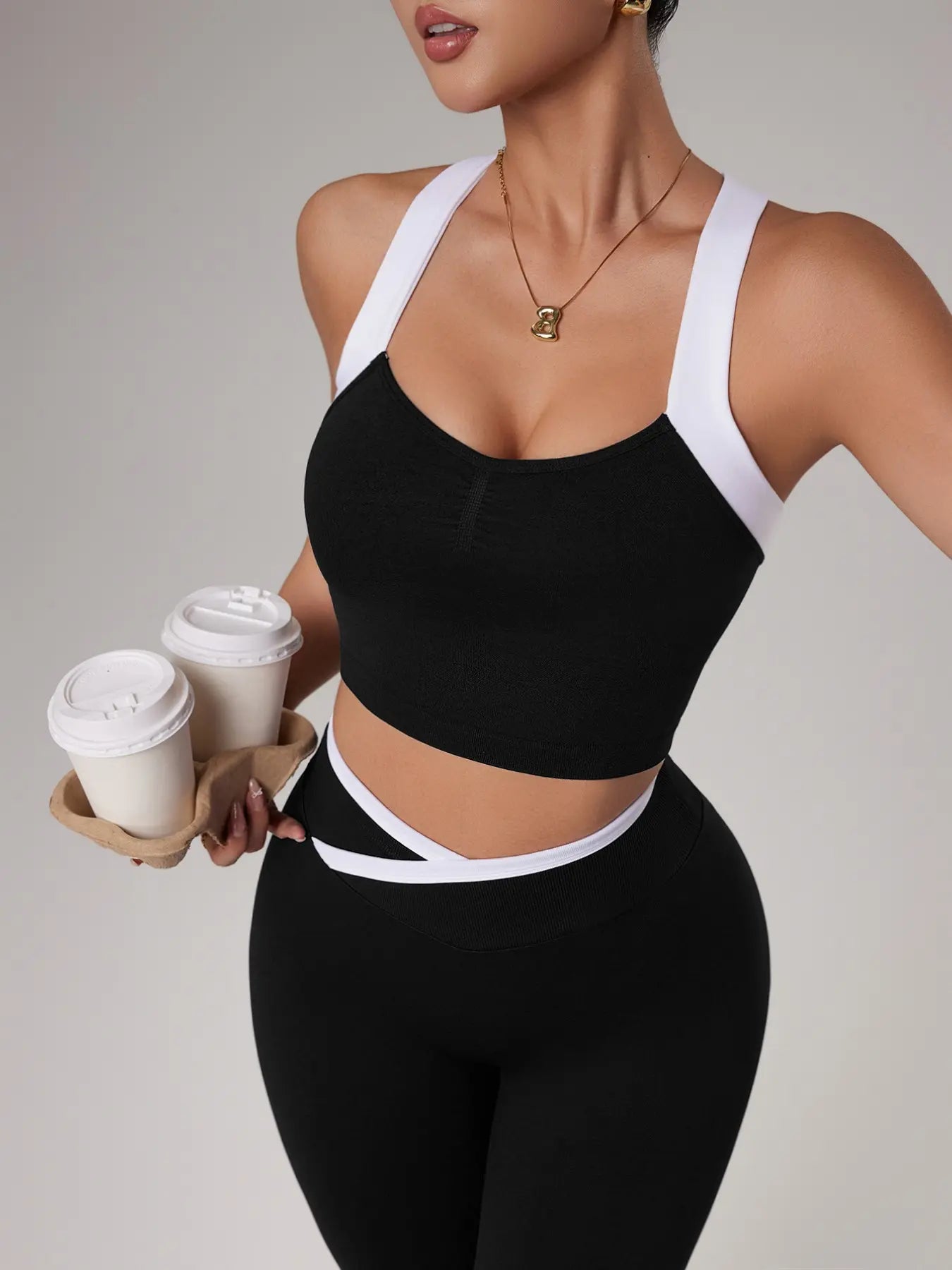 Women'S Yoga Sports Set, Spring Summer Style, Color-Blocked Crossback Vest & Waistband Tight-Fit Pants, Ideal for Fitness Training