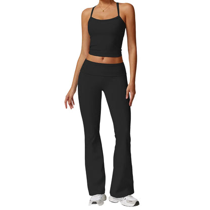 Thewolf Solid-Color Spaghetti-Strap Cross-Back Yoga Tank Top and Casual Athletic High-Waisted Flared Pants Set, Slim-Fit Yoga Athleisure Set