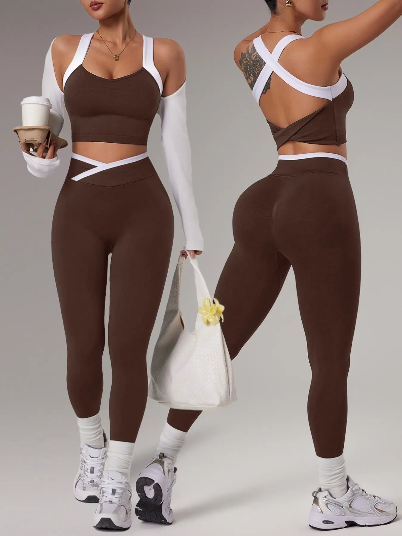 Women'S Yoga Sports Set, Spring Summer Style, Color-Blocked Crossback Vest & Waistband Tight-Fit Pants, Ideal for Fitness Training