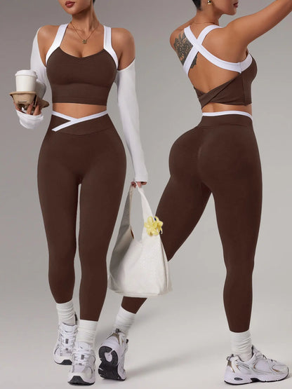 Women'S Yoga Sports Set, Spring Summer Style, Color-Blocked Crossback Vest & Waistband Tight-Fit Pants, Ideal for Fitness Training