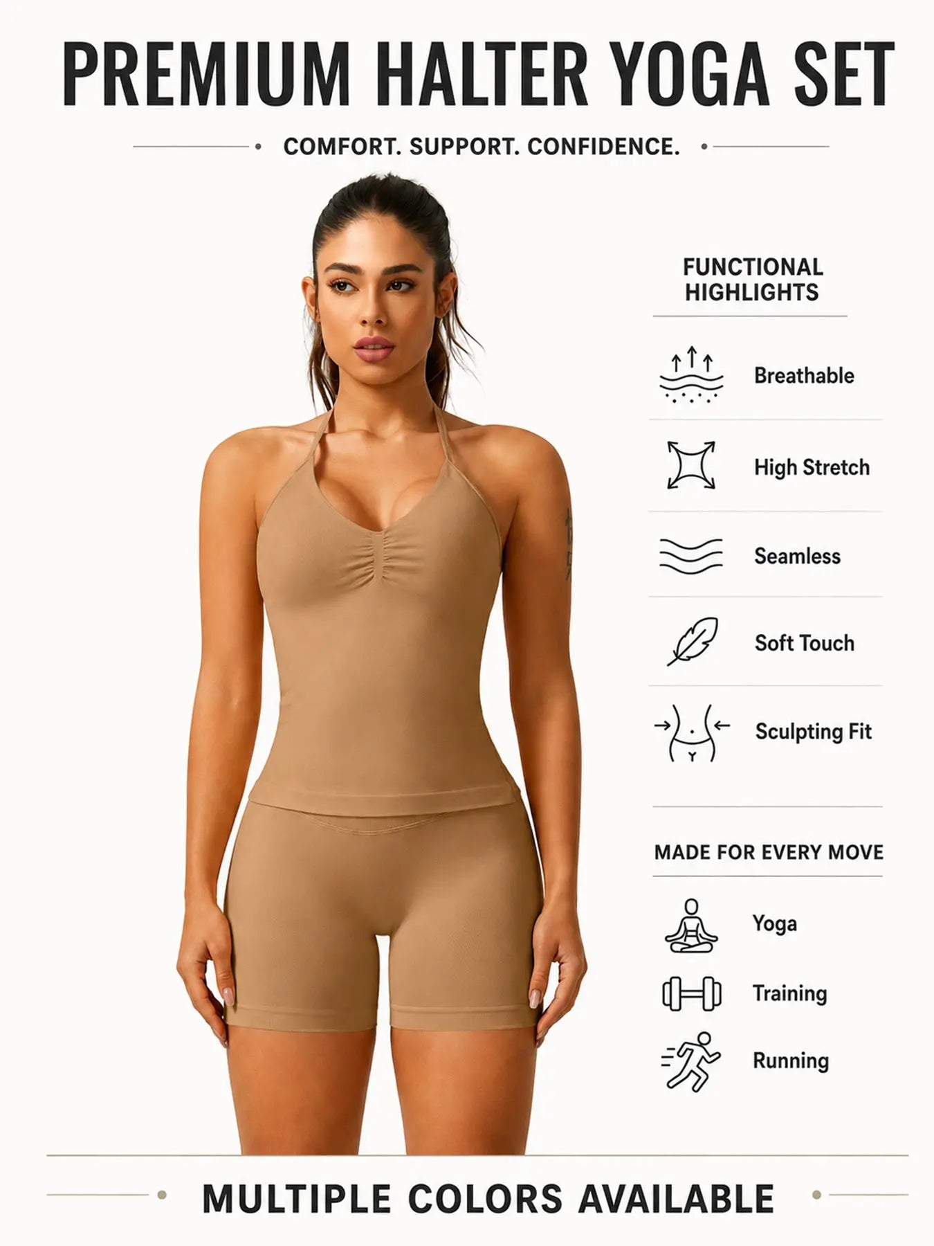 Women'S Solid Ruched Design Backless Halter Top & High Waist Shorts Tracksuit Set, Sporty Breathable Comfortable Two-Piece Outfits for Yoga Gym Workout Running