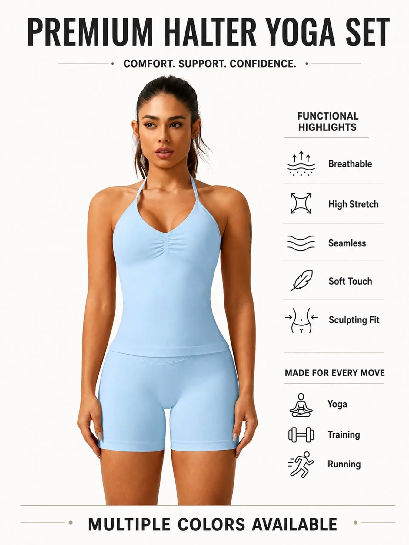 Women'S Solid Ruched Design Backless Halter Top & High Waist Shorts Tracksuit Set, Sporty Breathable Comfortable Two-Piece Outfits for Yoga Gym Workout Running