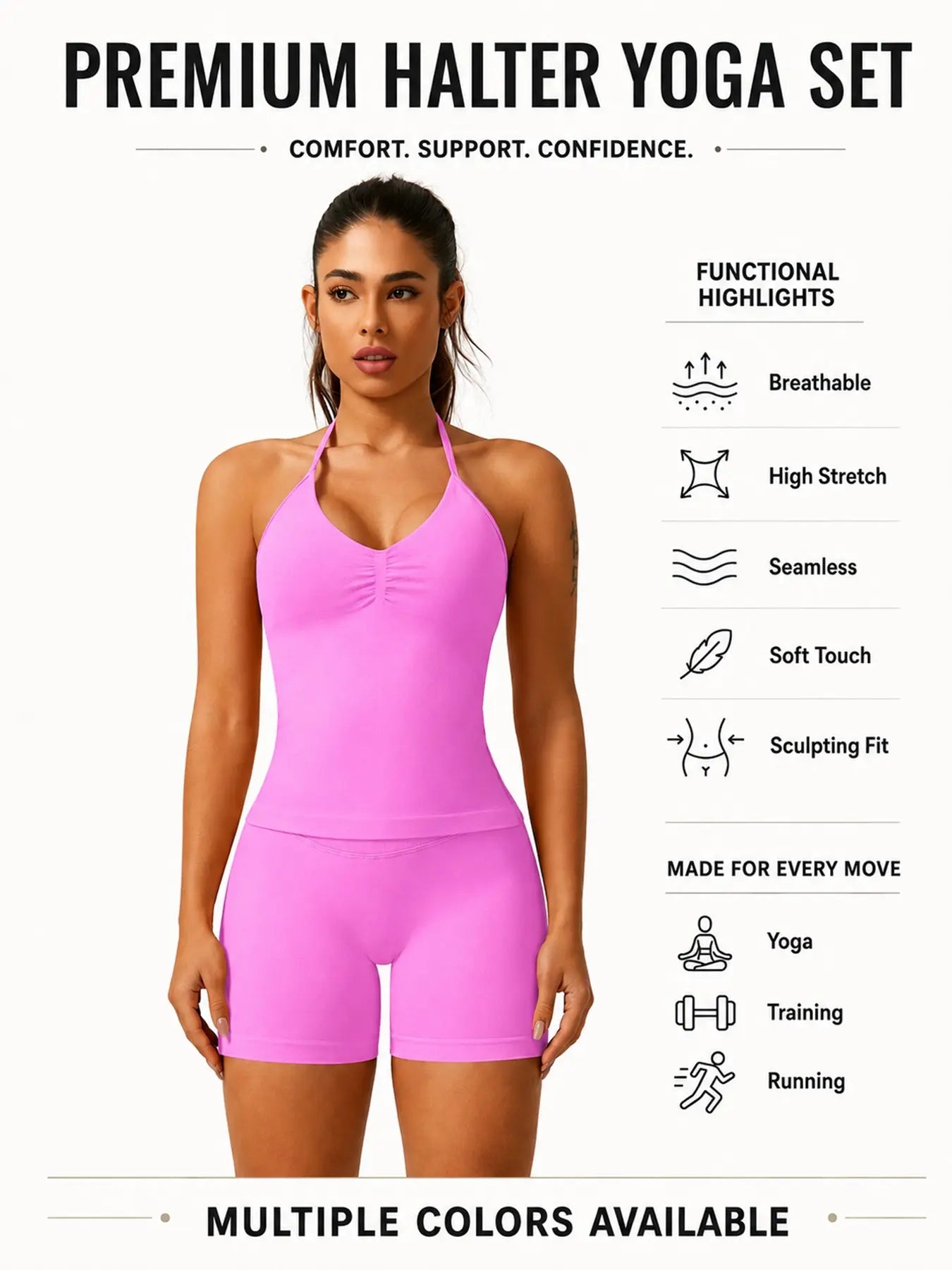 Women'S Solid Ruched Design Backless Halter Top & High Waist Shorts Tracksuit Set, Sporty Breathable Comfortable Two-Piece Outfits for Yoga Gym Workout Running
