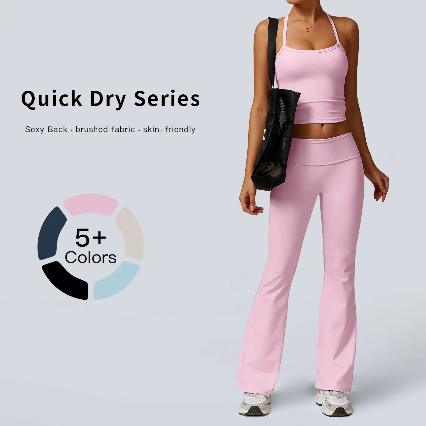 Thewolf Solid-Color Spaghetti-Strap Cross-Back Yoga Tank Top and Casual Athletic High-Waisted Flared Pants Set, Slim-Fit Yoga Athleisure Set