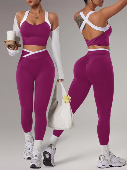 Women'S Yoga Sports Set, Spring Summer Style, Color-Blocked Crossback Vest & Waistband Tight-Fit Pants, Ideal for Fitness Training