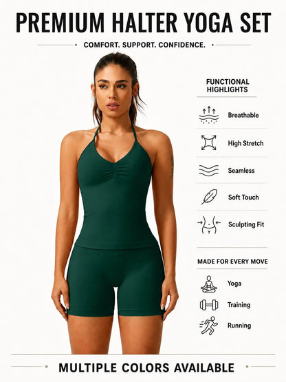 Women'S Solid Ruched Design Backless Halter Top & High Waist Shorts Tracksuit Set, Sporty Breathable Comfortable Two-Piece Outfits for Yoga Gym Workout Running