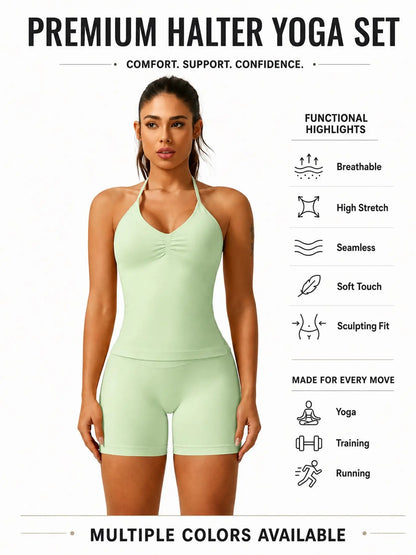 Women'S Solid Ruched Design Backless Halter Top & High Waist Shorts Tracksuit Set, Sporty Breathable Comfortable Two-Piece Outfits for Yoga Gym Workout Running