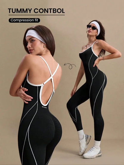 Women'S Yoga Jumpsuit, Backless Sports Jumpsuit, Sporty Jumpsuit, Outdoor Sport One-Piece, Seamless Knitted Hollow Out Long, above the Ankle, Plain Pattern, All Seasons