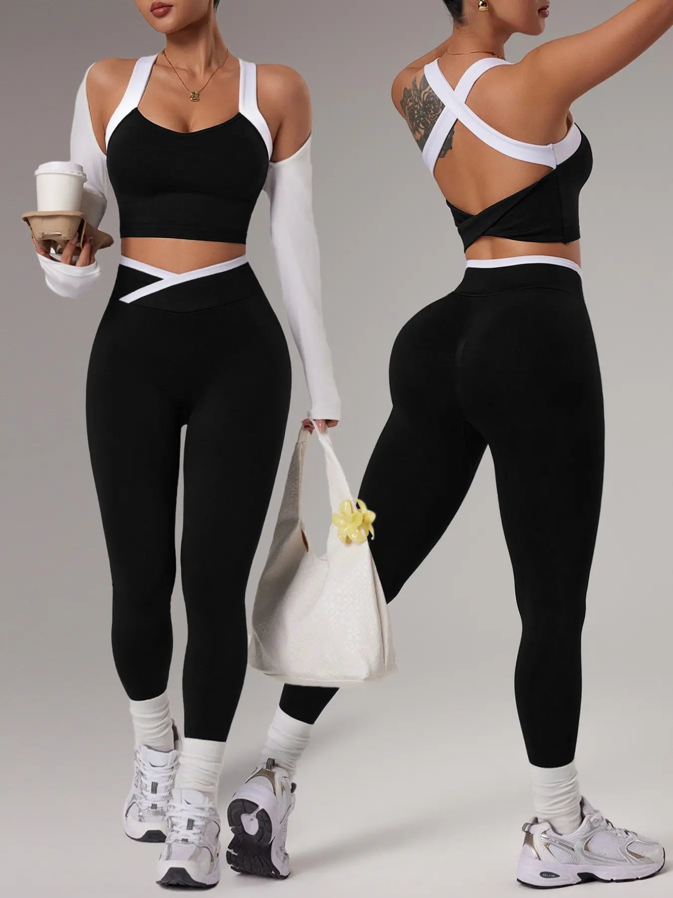 Women'S Yoga Sports Set, Spring Summer Style, Color-Blocked Crossback Vest & Waistband Tight-Fit Pants, Ideal for Fitness Training