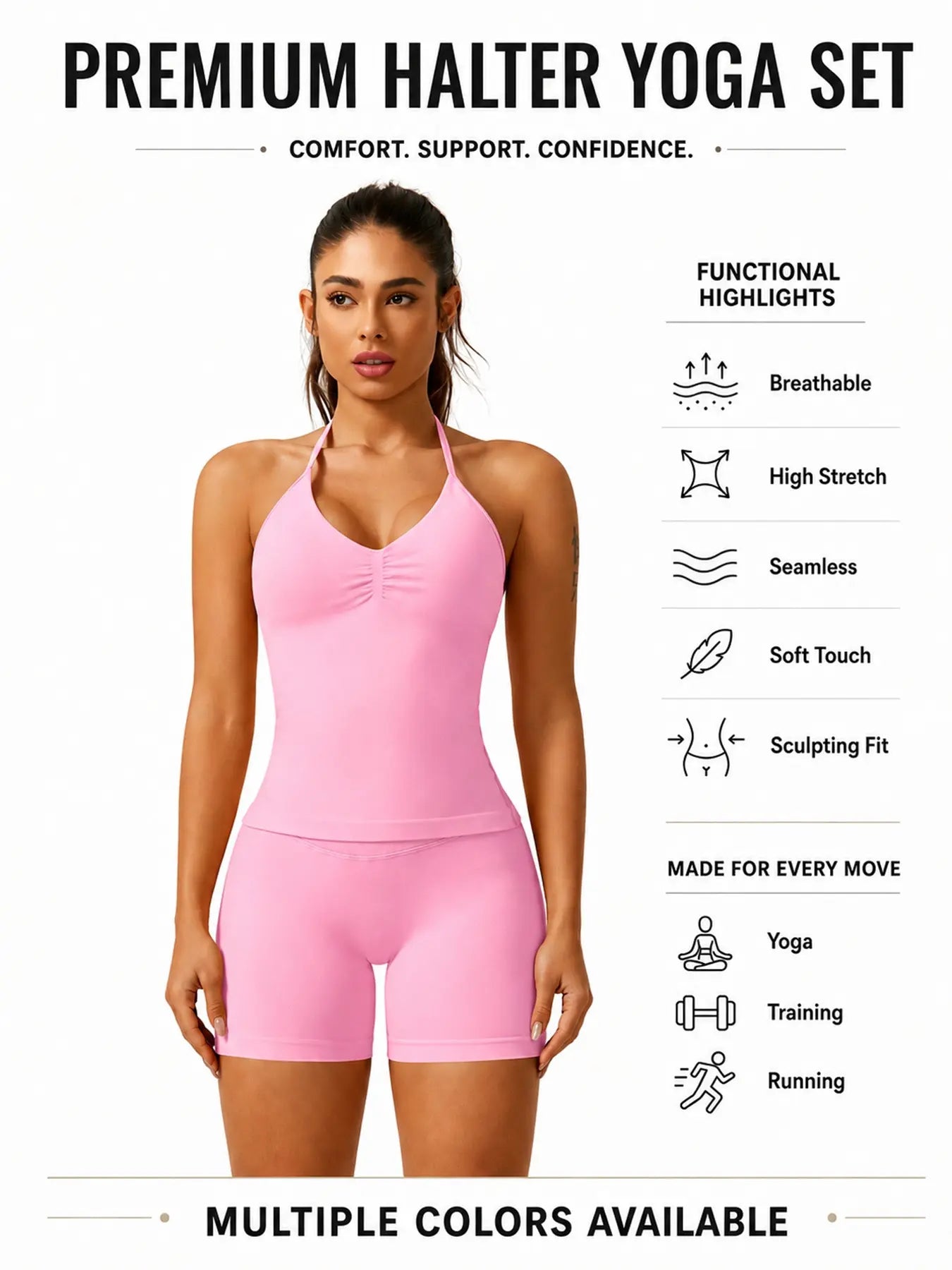 Women'S Solid Ruched Design Backless Halter Top & High Waist Shorts Tracksuit Set, Sporty Breathable Comfortable Two-Piece Outfits for Yoga Gym Workout Running