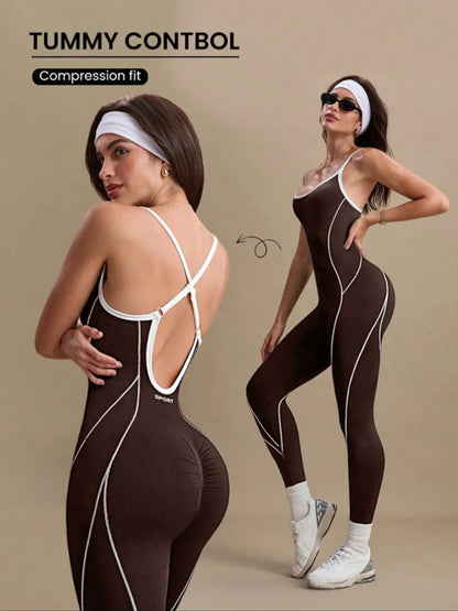 Women'S Yoga Jumpsuit, Backless Sports Jumpsuit, Sporty Jumpsuit, Outdoor Sport One-Piece, Seamless Knitted Hollow Out Long, above the Ankle, Plain Pattern, All Seasons