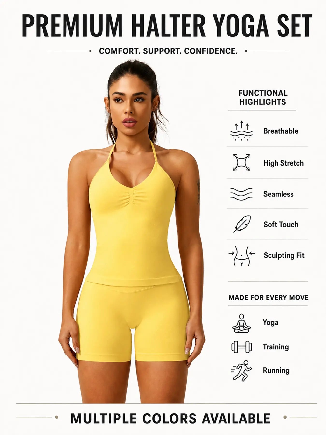 Women'S Solid Ruched Design Backless Halter Top & High Waist Shorts Tracksuit Set, Sporty Breathable Comfortable Two-Piece Outfits for Yoga Gym Workout Running