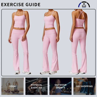 Thewolf Solid-Color Spaghetti-Strap Cross-Back Yoga Tank Top and Casual Athletic High-Waisted Flared Pants Set, Slim-Fit Yoga Athleisure Set