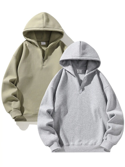 Men'S Plain Half Zip Drop Shoulder Essentials Hoodie, Regular Fit Fitted Casual Comfy Fit Long Sleeve Hooded Sweatshirt for Fall & Winter, Men'S Clothes for Daily Wear
