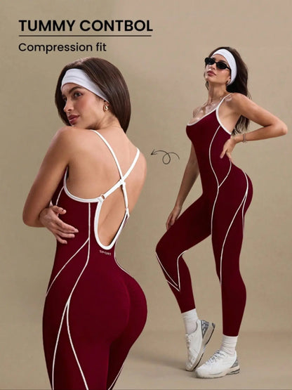 Women'S Yoga Jumpsuit, Backless Sports Jumpsuit, Sporty Jumpsuit, Outdoor Sport One-Piece, Seamless Knitted Hollow Out Long, above the Ankle, Plain Pattern, All Seasons