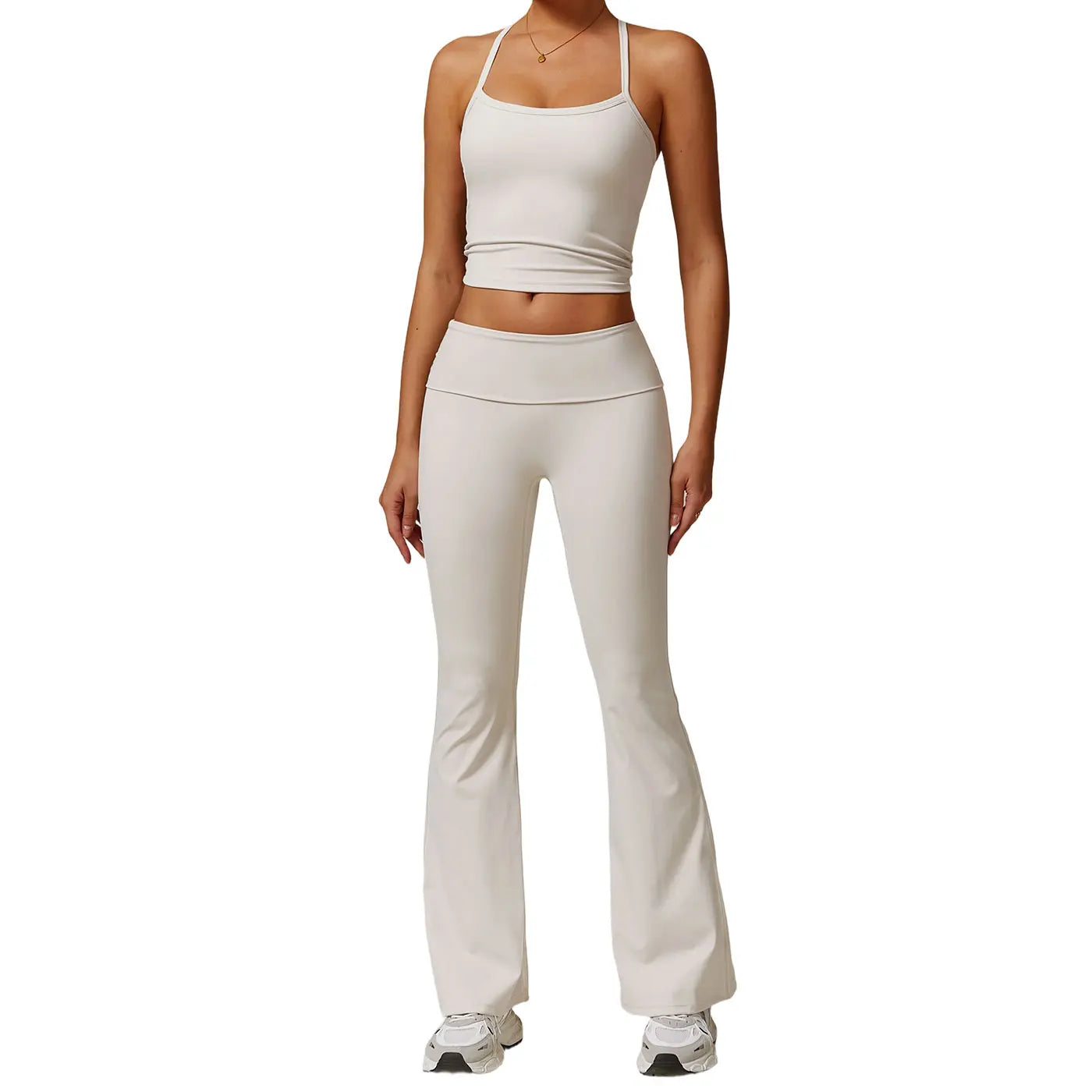Thewolf Solid-Color Spaghetti-Strap Cross-Back Yoga Tank Top and Casual Athletic High-Waisted Flared Pants Set, Slim-Fit Yoga Athleisure Set