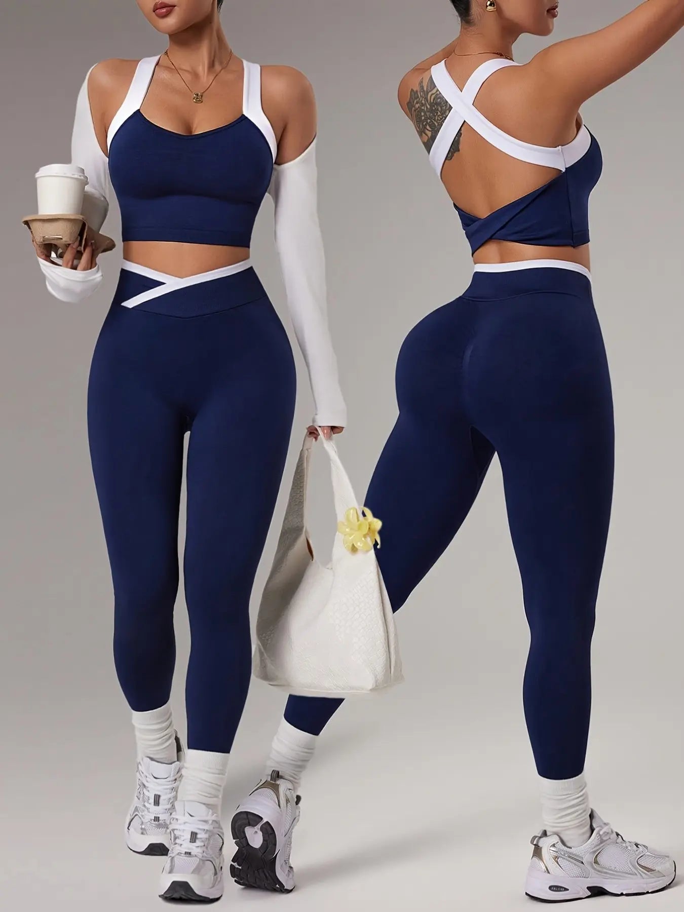 Women'S Yoga Sports Set, Spring Summer Style, Color-Blocked Crossback Vest & Waistband Tight-Fit Pants, Ideal for Fitness Training