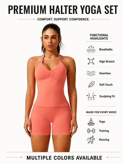 Women'S Solid Ruched Design Backless Halter Top & High Waist Shorts Tracksuit Set, Sporty Breathable Comfortable Two-Piece Outfits for Yoga Gym Workout Running