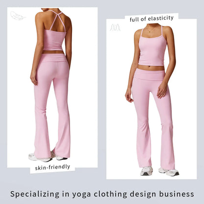 Thewolf Solid-Color Spaghetti-Strap Cross-Back Yoga Tank Top and Casual Athletic High-Waisted Flared Pants Set, Slim-Fit Yoga Athleisure Set