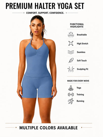 Women'S Solid Ruched Design Backless Halter Top & High Waist Shorts Tracksuit Set, Sporty Breathable Comfortable Two-Piece Outfits for Yoga Gym Workout Running