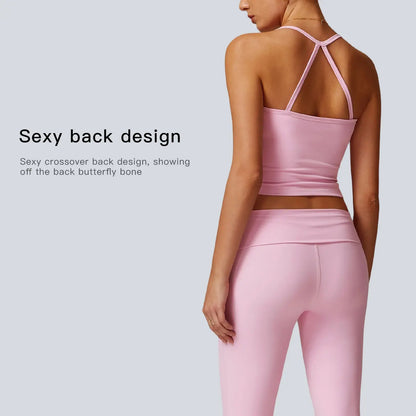 Thewolf Solid-Color Spaghetti-Strap Cross-Back Yoga Tank Top and Casual Athletic High-Waisted Flared Pants Set, Slim-Fit Yoga Athleisure Set