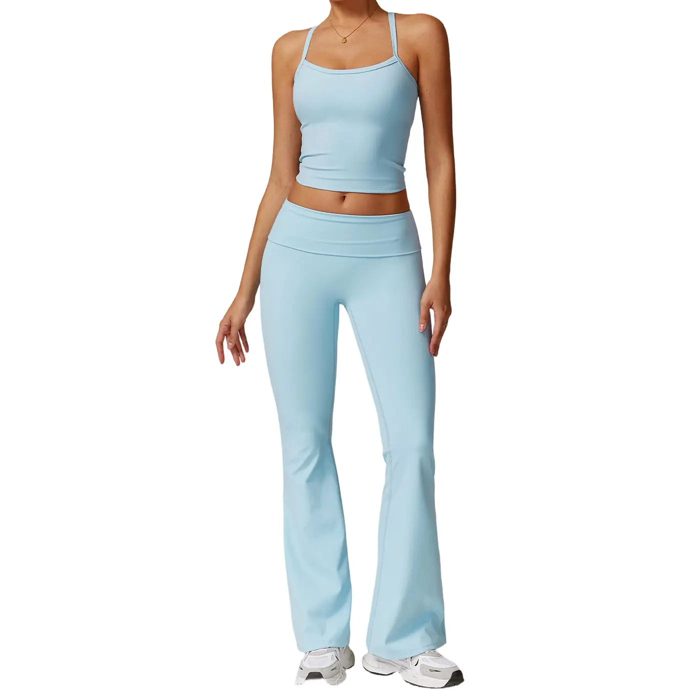Thewolf Solid-Color Spaghetti-Strap Cross-Back Yoga Tank Top and Casual Athletic High-Waisted Flared Pants Set, Slim-Fit Yoga Athleisure Set