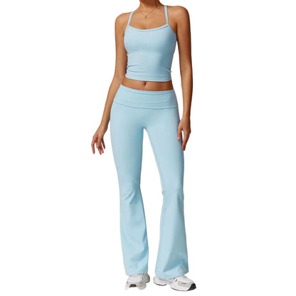 Thewolf Solid-Color Spaghetti-Strap Cross-Back Yoga Tank Top and Casual Athletic High-Waisted Flared Pants Set, Slim-Fit Yoga Athleisure Set