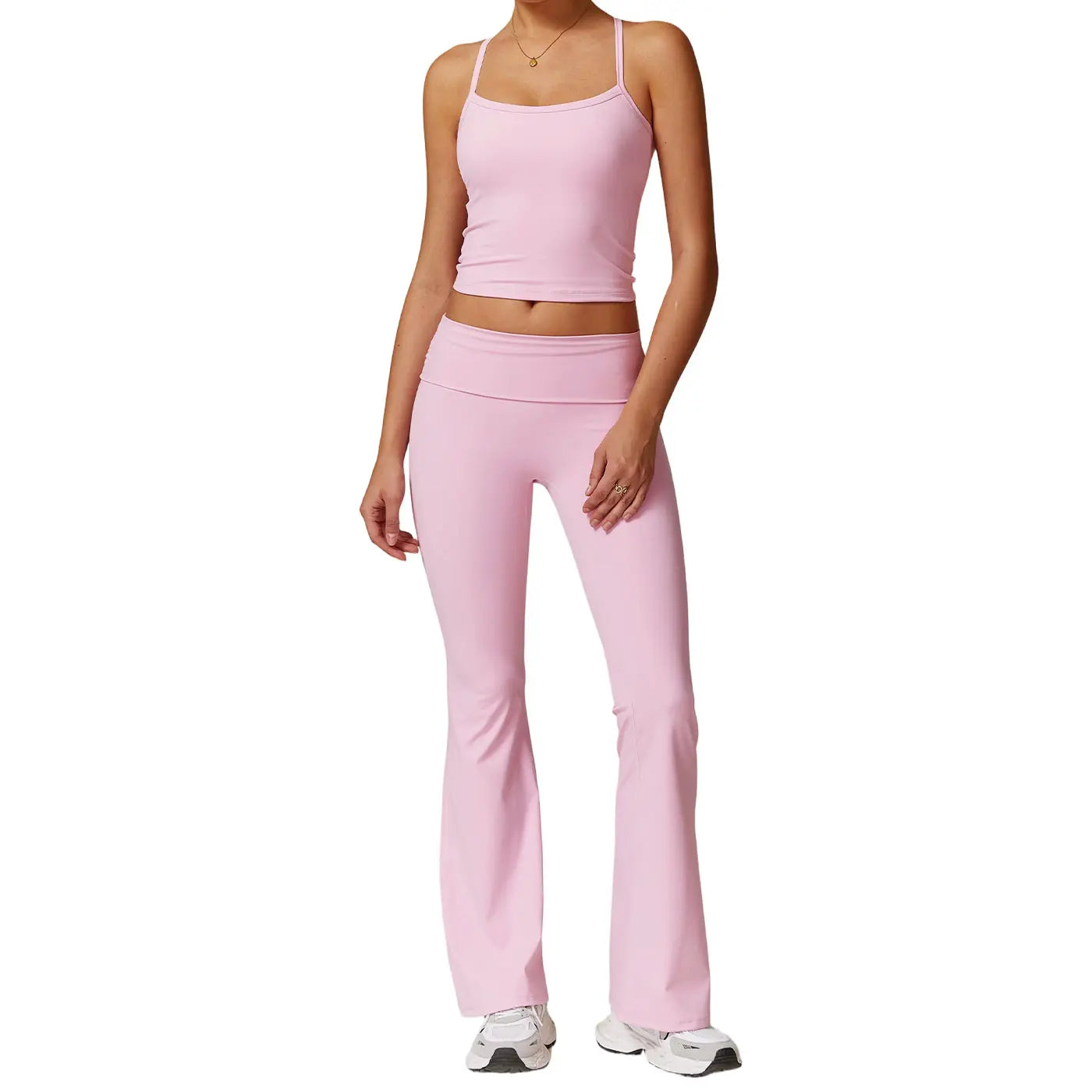 Thewolf Solid-Color Spaghetti-Strap Cross-Back Yoga Tank Top and Casual Athletic High-Waisted Flared Pants Set, Slim-Fit Yoga Athleisure Set