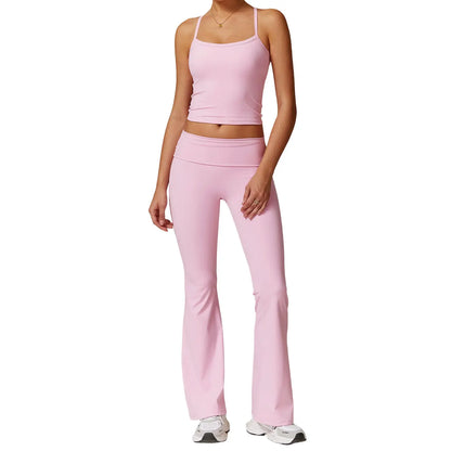 Thewolf Solid-Color Spaghetti-Strap Cross-Back Yoga Tank Top and Casual Athletic High-Waisted Flared Pants Set, Slim-Fit Yoga Athleisure Set
