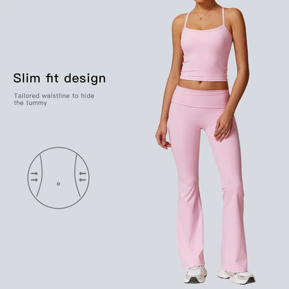 Thewolf Solid-Color Spaghetti-Strap Cross-Back Yoga Tank Top and Casual Athletic High-Waisted Flared Pants Set, Slim-Fit Yoga Athleisure Set