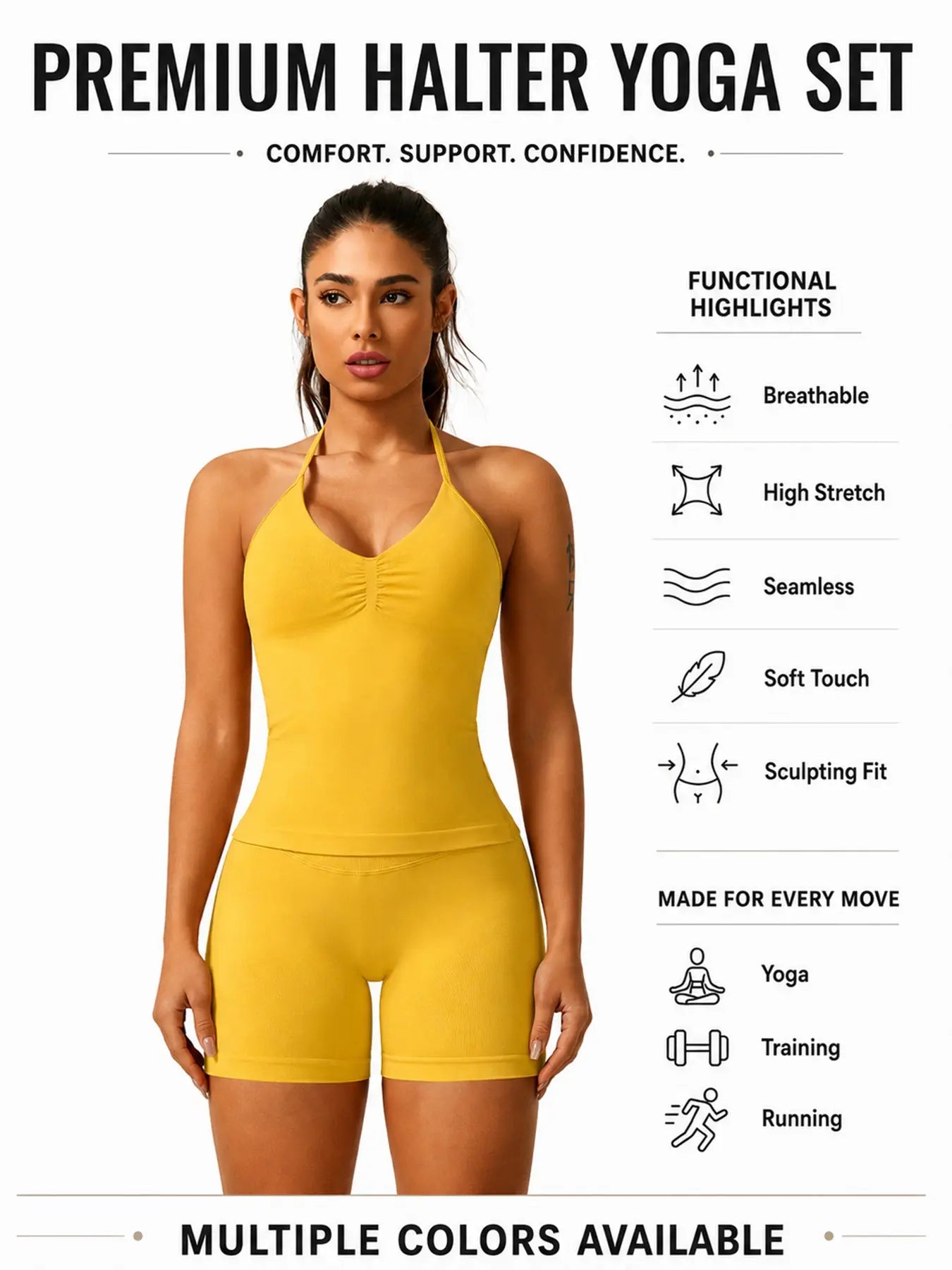 Women'S Solid Ruched Design Backless Halter Top & High Waist Shorts Tracksuit Set, Sporty Breathable Comfortable Two-Piece Outfits for Yoga Gym Workout Running