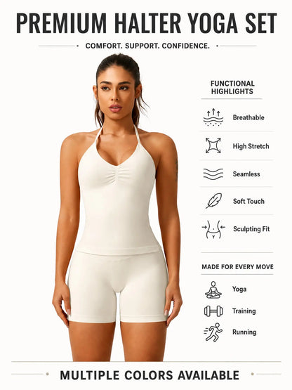 Women'S Solid Ruched Design Backless Halter Top & High Waist Shorts Tracksuit Set, Sporty Breathable Comfortable Two-Piece Outfits for Yoga Gym Workout Running